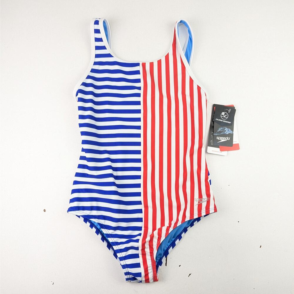 Speedo Red & Blue Striped Swimsuit
